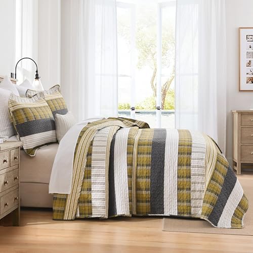 Homzard Queen Size Comforter Set, Cotton Quilts Queen Size，Amber Green Black Farmhouse Quilts, Plaid Striped Bedspread Set，All Season Lightweight Bedding Coverlet 3 Pieces
