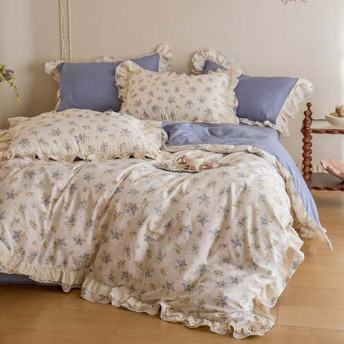 Full Duvet Cover Set 100% Cotton Vintage Floral Duvet Cover with Romantic Ruffle Lace, Breathable Soft Floral Cottagecore Comforter Cover, Aesthetic Botanical Flower Princess Lace Bedding Set Full