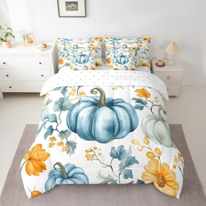 Erosebridal Fall Pumpkin Bed in A Bag with Sheets Autumn Harvest Twin Comforter Set 7 Piece for Adults Men Womenrustic Farmhouse Bedding Set Blue Watercolor Bed Set Room Decor