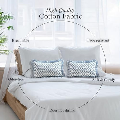 CPC Block Print Apatite Blue Ruffle Cotton Lumbar Pillow Cover 12x20 inch
