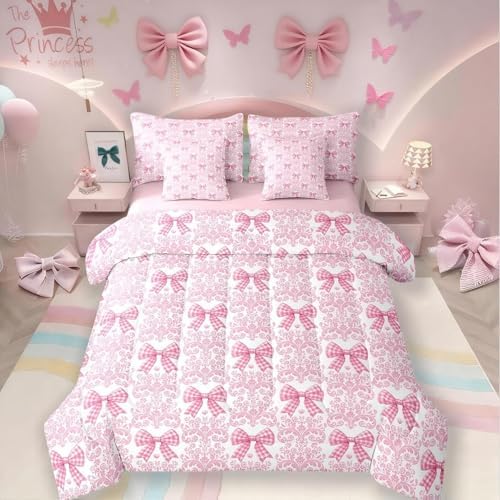 Pink Bow Tie Bed in a Bag King Size Comforter Set 7 Pieces,Bohemian Exotic Damask Bedding Set,Cute Silk Ribbon Bowknot Sheet Set Antique Victorian Bed Set,Gothic Vintage Floral Pink Bow Decor