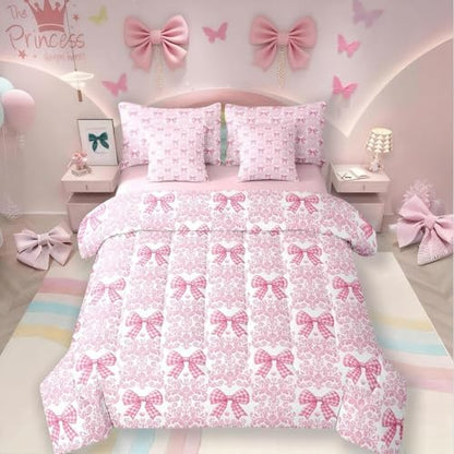 Pink Bow Tie Bed in a Bag King Size Comforter Set 7 Pieces,Bohemian Exotic Damask Bedding Set,Cute Silk Ribbon Bowknot Sheet Set Antique Victorian Bed Set,Gothic Vintage Floral Pink Bow Decor
