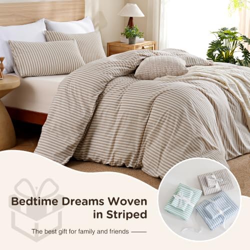 TOCOMOA Brown Striped Duvet Cover Set 100% Washed Cotton Like Linen, Queen