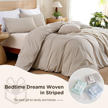 TOCOMOA Brown Striped Duvet Cover Set 100% Washed Cotton Like Linen, King