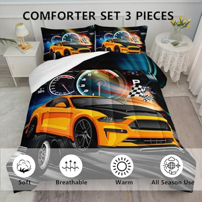 Axolotl Race Car Bedding Set King Size,Boys Extreme Sports Comforter for Kids Teens,Yellow Car Racing Bedding,Cool Speed Duvet,Sports Theme Quilt Set with 1 Comforter and 2 Pillowcases