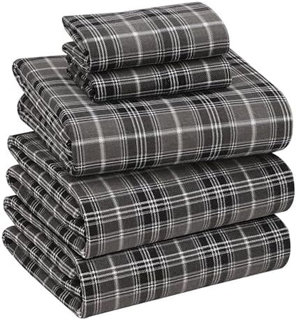 RUVANTI 100% Cotton Flannel Sheets Split King Size, Grey Plaid