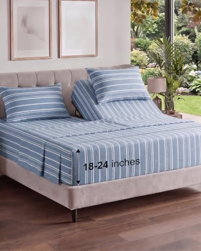 Flex Top Split Head King Sheet Set - 4 Piece Extra Deep - Blue Stripes 3