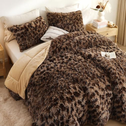 Smoofy Fluffy Queen Comforter Set Leopard Print Faux Fur Comforter Set 3Pcs