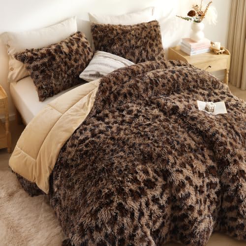 Smoofy Fluffy King Size Comforter Set Leopard Print Faux Fur Comforter 3Pcs