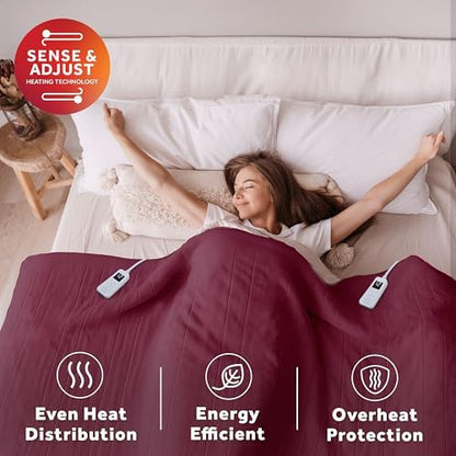 Sunbeam Electric Heated Blanket Royal Luxe Microplush Burgundy Queen 90x84