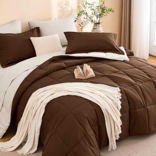 Oversized Queen Comforter Set, Brown Bed in a Bag, Bedding Set with sheets