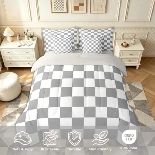 Checkered Retro Comforter Set Full Size 7 Pieces Grey Plaid Bedding Set for Kids Boys Girls Geometric Vintage Bed in a Bag Modern Simple Groovy Aesthetic Bedroom Decor All Season Quilted Lightweight