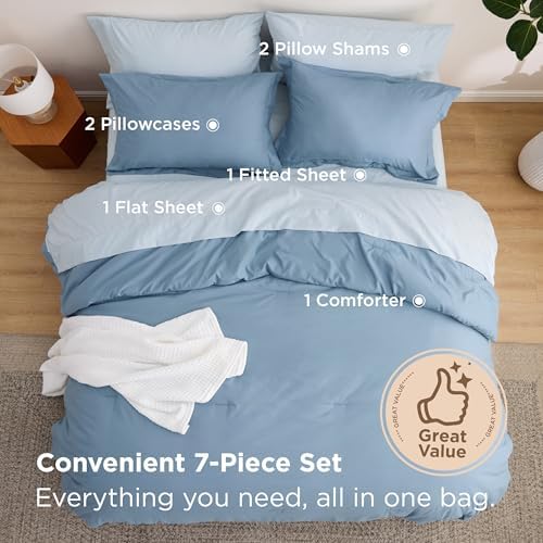 Bedsure Queen Bed in a Bag Grayish Blue Comforter Set Dual-Tone 7 Pieces