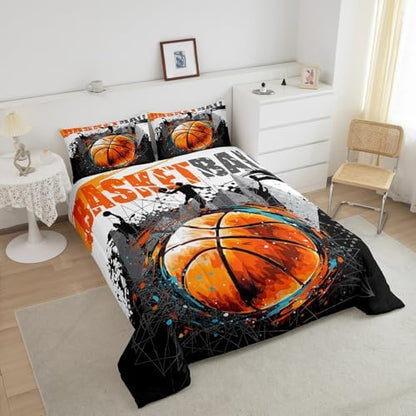 Boys Basketball Graffiti King Size Comforter Set,Kids Sports Gaming Decor All Season Bedding Set,Teens Watecolor Hippie Comforter,Girls Black and Yellow Decor Quilt Set Bedroom Collection 3Pcs