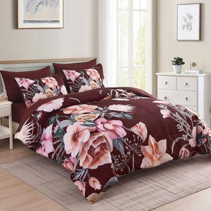 Luxudecor Burgundy Floral Comforter Set Queen Size 7 Piece, Flower Bed in a Bag, Elegant Floral Comforter with Sheet Set, Soft Microfiber Bedding Set for All Season (Burgundy, 90"x90")