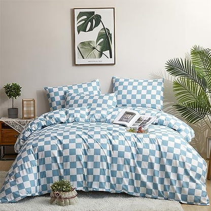 Wellboo Blue White Plaid Comforter Sets King Women Men Light Blue and White Checkerboard Grid Bedding Comforters Cotton Boys Girls Modern Dusty Blue Checkered Geometric Quilts Luxury Sky Blue Bed