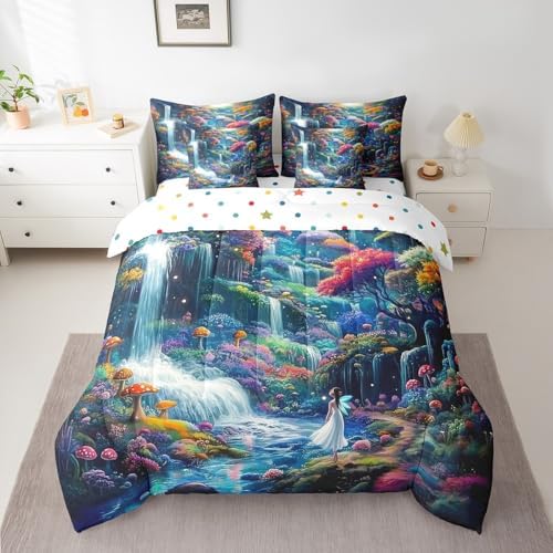 Feelyou Waterfall Comforter Set 7 Pieces Twin Size Moon Landscape Bedding Set for Boys Girls Magical Bed in a Bag with Comforter, Sheets, Pillowcases & Cushion Covers