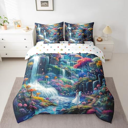 Feelyou Waterfall Comforter Set 7 Pieces Twin Size Moon Landscape Bedding Set for Boys Girls Magical Bed in a Bag with Comforter, Sheets, Pillowcases & Cushion Covers