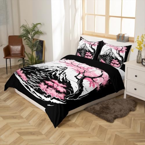 Feelyou Cherry Blossoms Duvet Cover Full Size Fuji Mountain Printed Decor Bedding Set Boys Girls Japanese Style Comforter Cover Set Japanese Wave Sakura Flower Floral Bedspread Cover(No Comforter)