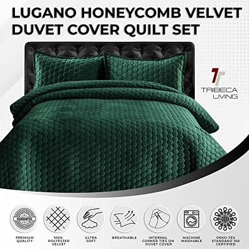 Tribeca Living Lugano Oversized Velvet Quilt Set - All Season, Extra Large, 2 Piece Twin Size Comforter Set with 1 Pillow Sham in Teal Honeycomb Pattern 260GSM
