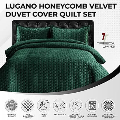 Tribeca Living Lugano Oversized Velvet Quilt Set - All Season, Extra Large, 2 Piece Twin Size Comforter Set with 1 Pillow Sham in Teal Honeycomb Pattern 260GSM