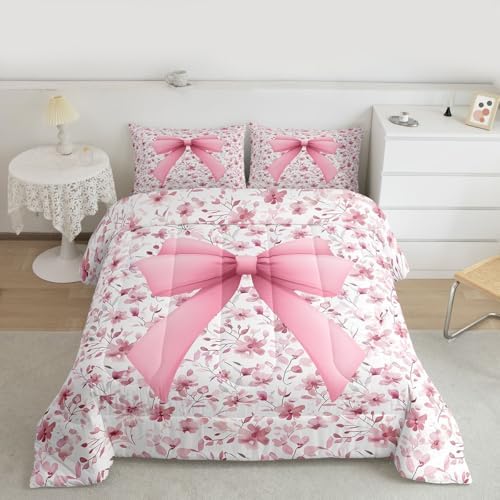 jejeloiu Girls Pink Bow Comforter Set Queen Size Bow Bedding Set for Kids Boys Girls Cute Bowknot Duvet Quilt Bedroom Decor Microfiber 3 Pcs with 2 Pillow Cases