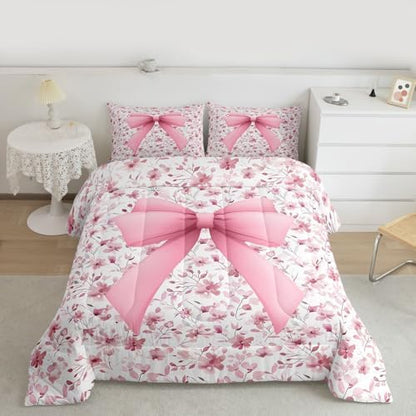 jejeloiu Girls Pink Bow Comforter Set Queen Size Bow Bedding Set for Kids Boys Girls Cute Bowknot Duvet Quilt Bedroom Decor Microfiber 3 Pcs with 2 Pillow Cases