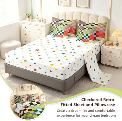 Feelyou Multicolored Checkered Retro 7 Piece Bedding Set Kids Boys Geometric Vintage Comforter Set with Sheets King Size Green Red Yellow Colorful Bed in a Bag Modern Groovy Aesthetic Room Decor