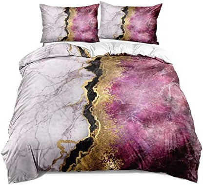 Pink Marble Duvet Cover Set Twin Size Sequin Gold Bedding Comforter Covers with 2 Pillow Shams Girls Decor Bedroom Bed Set Breathable Durable Soft Comfy
