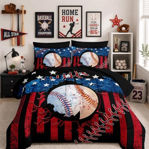 HOSIMA 7Pcs Baseball Full Comforter Set with Sheets Sports Bedding.