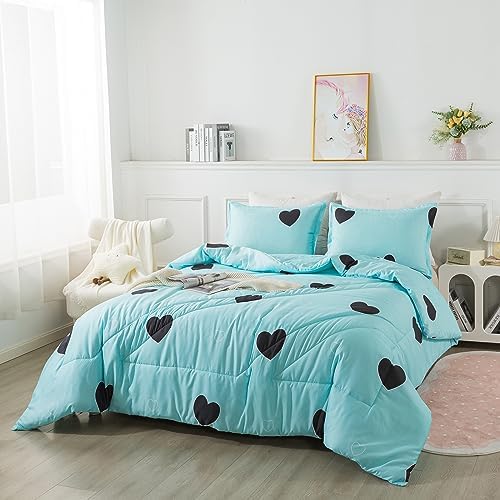 Caressma Blue Comforter Set Full Size Black Heart 3pcs with Pillowsham