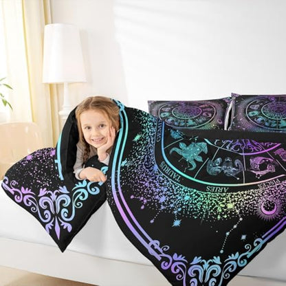 Sun and Moon Comforter Set Zodiac Signs Astrology Bedding Set Twin Constellations Galaxy Down Comforter Spiritual Gifts for Girls Teens Women,Trippy Leo Aquarius Quilt Duvet Set Purple Blue 2 Pcs