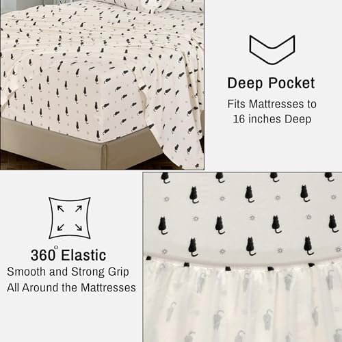 RUVANTI Flannel Sheets Set Split King Size, Black Cat