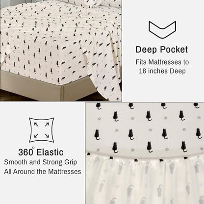 RUVANTI Flannel Sheets Set Split King Size, Black Cat