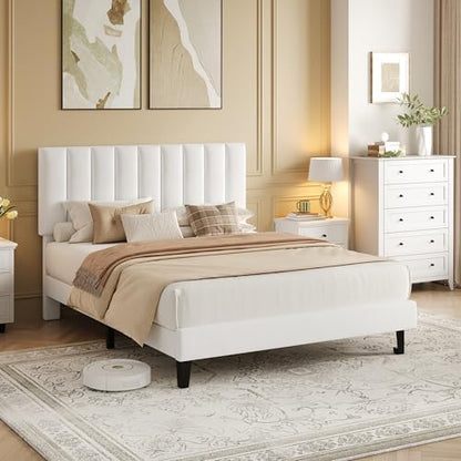 Garvee Full Size Platform Bed Frame with Upholstered Headboard, White