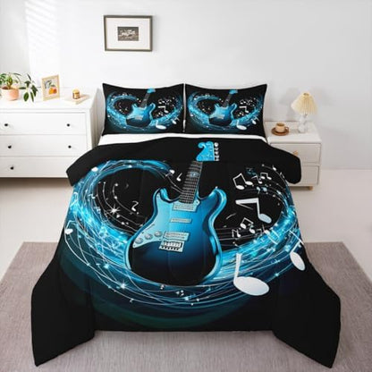 Erosebridal Guitar Comforter Set Twin,Blue Music Notes Down Comforter Rock Musical Bedding Set for Kids Boys Girls Teens,Cool Electric Instrument Hiphop Hippie Quilt Duvet Set 1 Pillow Case Black