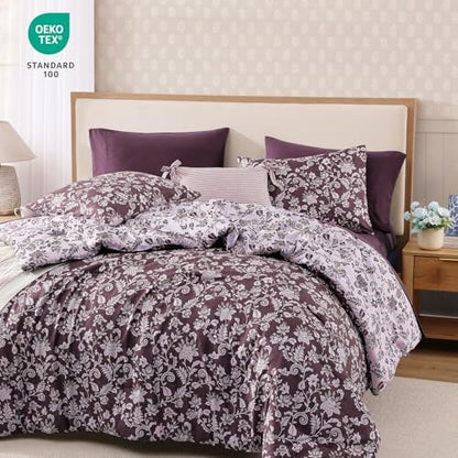 BLOOMHAVEN King Size Comforter Set-7 Pieces Purple Floral Bed in a Bag King
