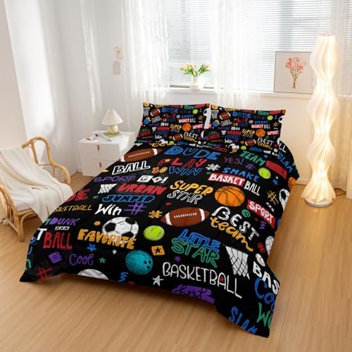 Nttopship Sports Ball King Comforter Set,Football Rugby Basketball Bedding Set for Kids Boys Girls Youth Ball Sports Themed Bedroom Decor Bedding Set 3 Pcs Bed in A Bag (1 Comforter, 2 Pillow Case)