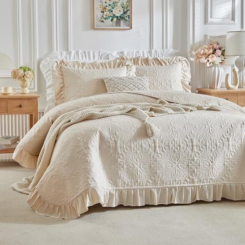 Ruffles Quilt Set Twin Size 68 * 86in - 2 Pieces Solid Shabby Chic Farmhouse Ruffled Bedding Rustic Coverlet Lightweight Fluffy Summer Oversized Bedspread with Shams for Women Men Beige