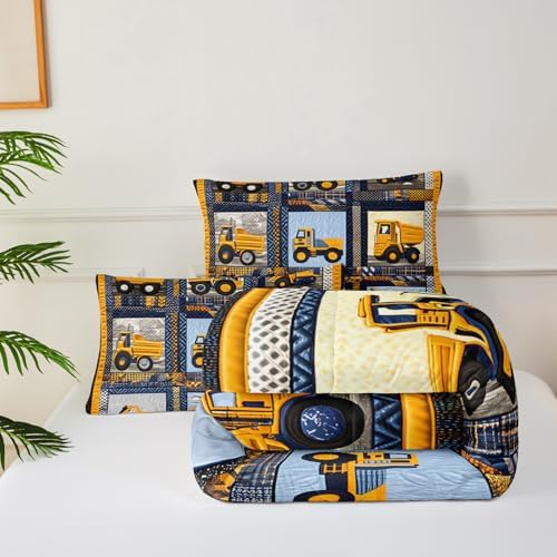 Kids Excavator Comforter Set Twin,Boys Construction Bedding Set,Yellow Vehicles Excavator Tractor Print Bedding Set,Soft Microfiber Cartoon Truck Quilt Set for Room Decor
