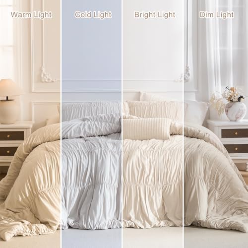 Masaca King Size Comforter Set,Shabby Boho Chic Bedding Wheat Ruched Ruffle King Comforter Vintage Rustic French Country Farmhouse Bedding Set Ultra Soft
