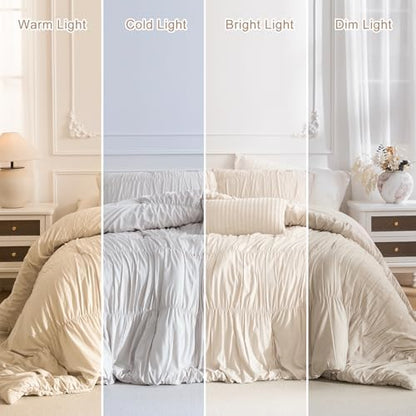 Masaca King Size Comforter Set,Shabby Boho Chic Bedding Wheat Ruched Ruffle King Comforter Vintage Rustic French Country Farmhouse Bedding Set Ultra Soft