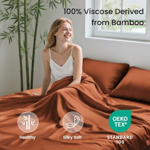 Love's cabin 4 Piece King Size Sheet Set, 100% Rayon Derived from Bamboo, Cooling & Breathable, Soft Silky Deep Pocket up to 16", Hotel Luxury Bedding for Hot Sleepers, Burnt Orange