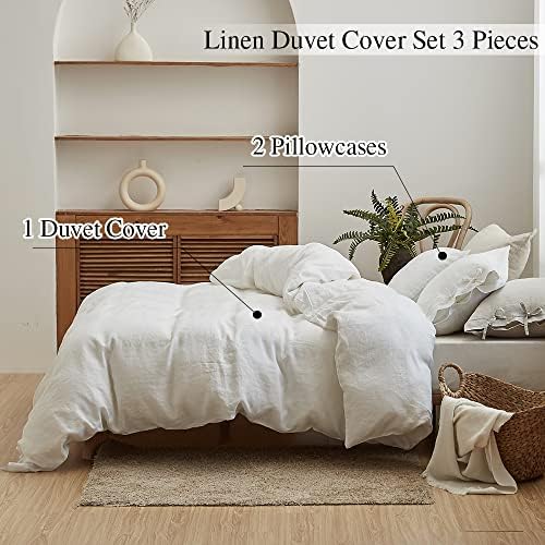 Simple&Opulence 100% Linen Duvet Cover Set 3pcs with Bowknot Ties Closure Natural French Washed Flax Solid Color Soft Breathable Farmhouse Bedding - White, Queen Size