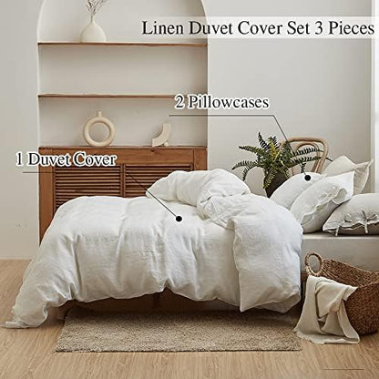 Simple&Opulence 100% Linen Duvet Cover Set 3pcs with Bowknot Ties Closure Natural French Washed Flax Solid Color Soft Breathable Farmhouse Bedding - White, Queen Size