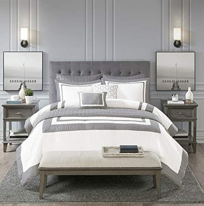 Madison Park Heritage Comforter Quilt Combo Set - Modern Luxury Design, All Season Down Alternative Bedding, Matching Shams, Decorative Pillows, Full/Queen(90"x90"), Color Block Grey 8 Piece