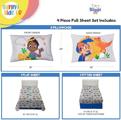 Sunny Side Up Kids Sheet Set Includes Sheets and Pillow Cover - 100% Microfiber Bedding and Room Decor, Gray - Blippi, 4 Piece Full