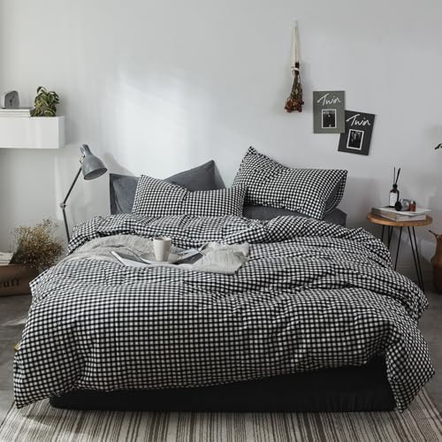 mixinni Black Gingham Comforter Set King, Plaid Comforter Set 3 Pieces 1 Black Grid Comfoter with 2 Pillow Cases for All Seasons, Soft Fluffy Modern Grid Pattern Printed Bedding-King Size
