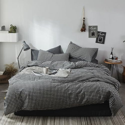 mixinni Black Gingham Comforter Set King, Plaid Comforter Set 3 Pieces 1 Black Grid Comfoter with 2 Pillow Cases for All Seasons, Soft Fluffy Modern Grid Pattern Printed Bedding-King Size