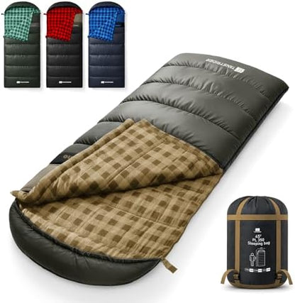 Cotton Flannel XXL Winter Sleeping Bags for Adults Big and Tall,Cold Weather 90x39 Inch Camping Sleep Bag,Waterproof Machine Washable 4 Season Outdoor Camping Gear,2-Way Zipper